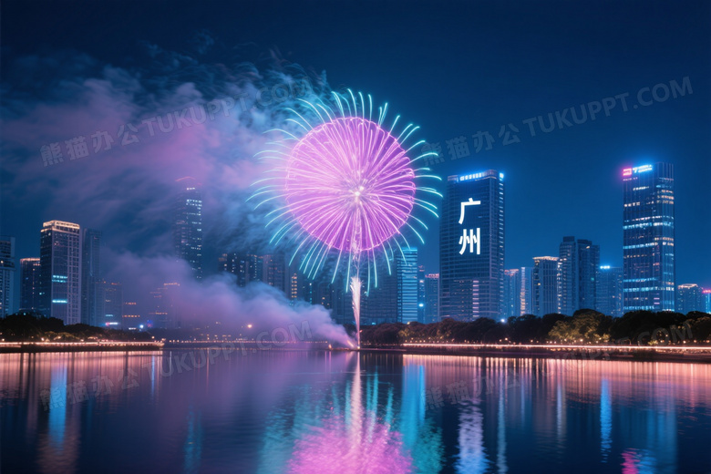 夜幕城市烟花绽放倒影图片