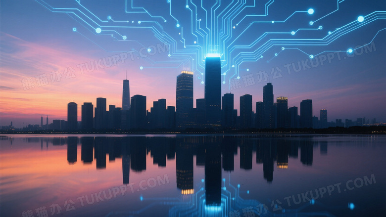 城市天际线剪影与数字网络高清图片