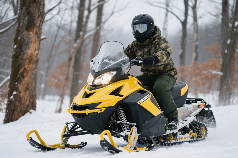 雪地摩托骑手疾驰林间图片