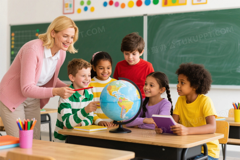 女教师指导学生观察地球仪图片