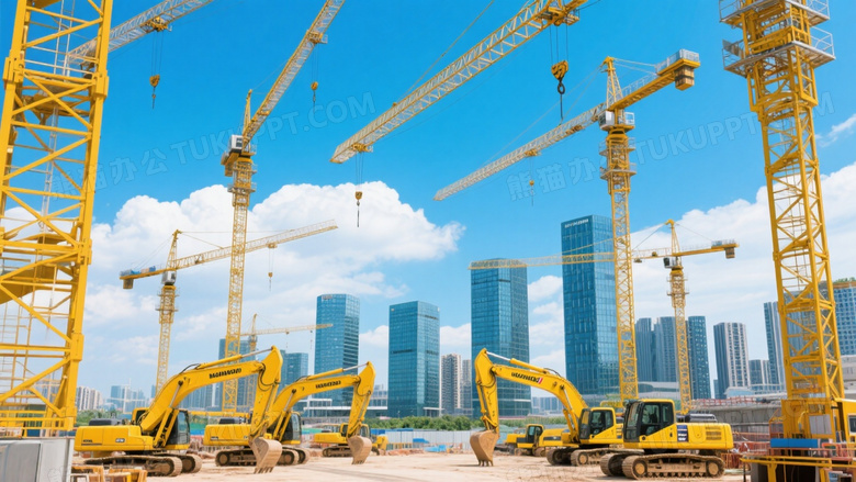 黄色塔吊工地城市天际线图片