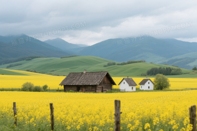 油菜花田农舍与小屋高清图片