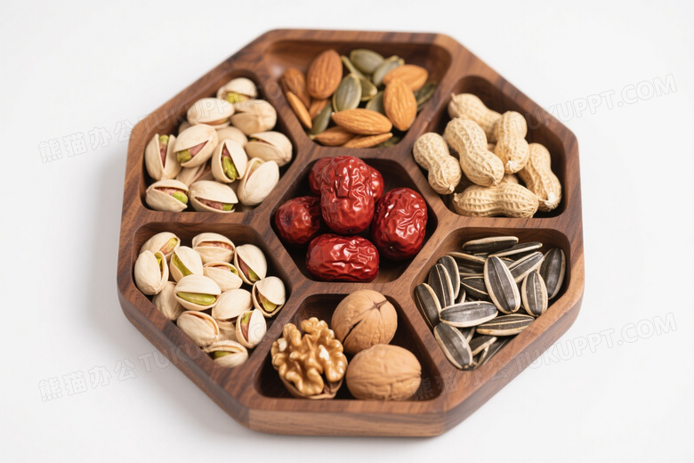 六边形坚果盘俯拍图片