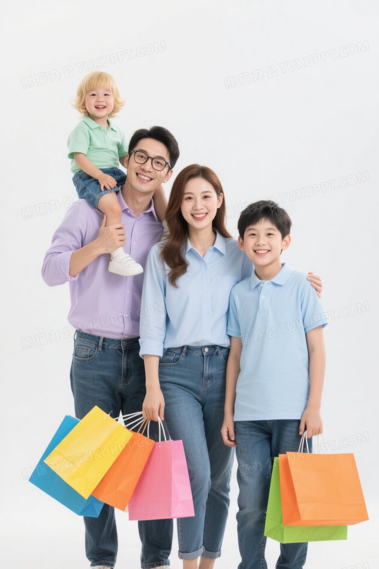 幸福四口之家纯白背景微笑图片