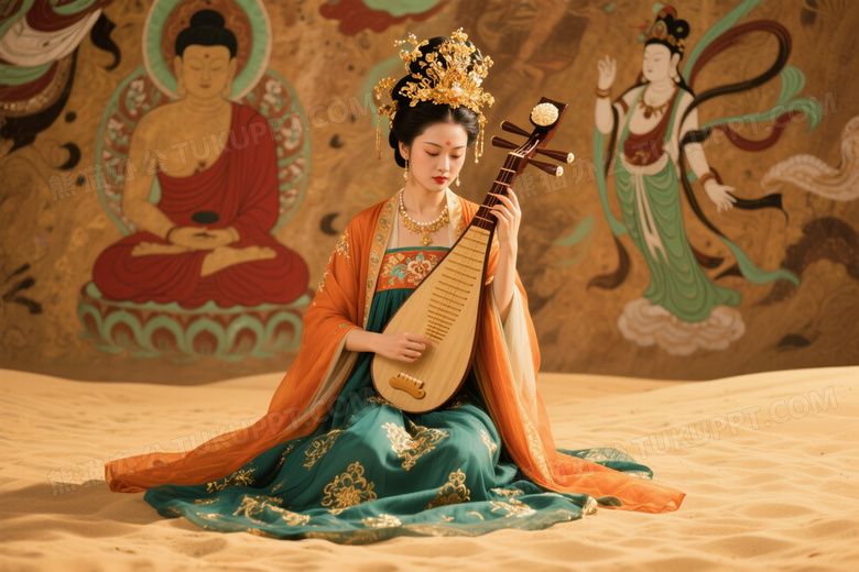 唐风女子沙地奏琵琶图片