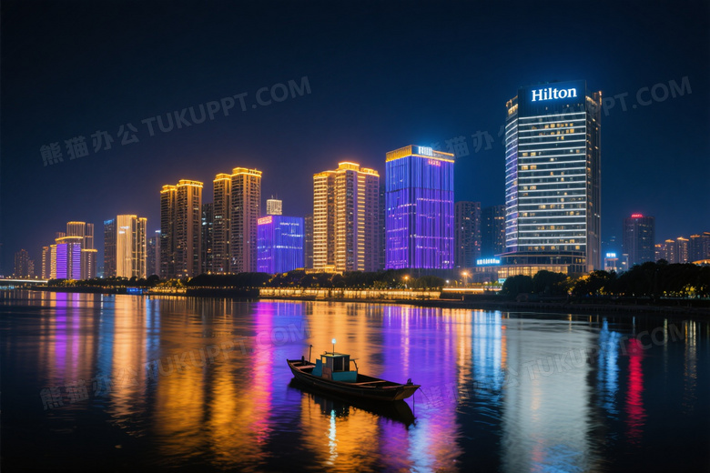 夜景城市天际线江畔灯光图片