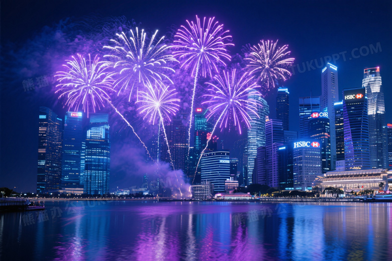 都市夜空烟花绽放倒影图片