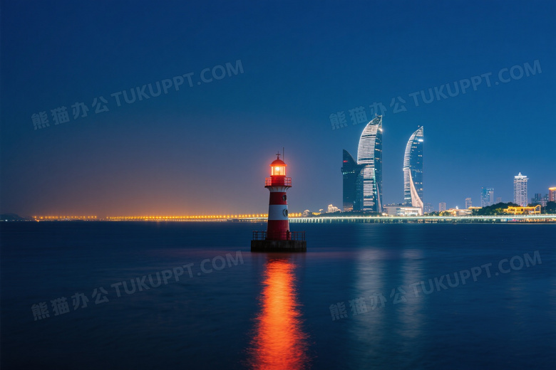 夜海灯塔城市天际倒影图片