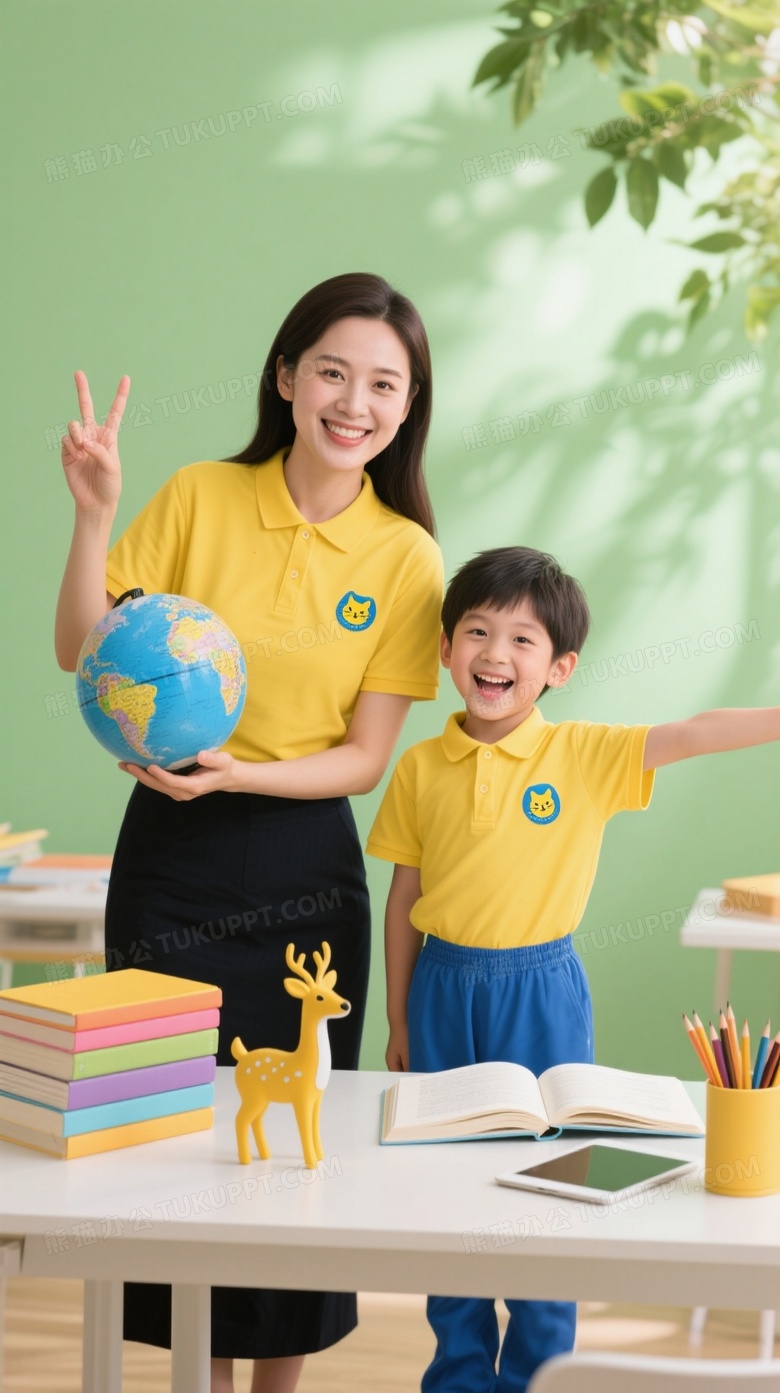 女教师与男孩持地球仪微笑图片