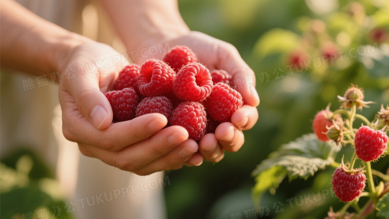 双手捧覆盆子特写图片