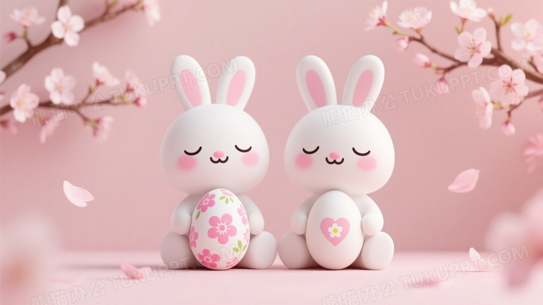 两只卡通兔子抱彩蛋微笑图片