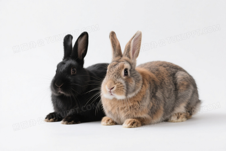 两只兔子静卧纯白背景高清图片