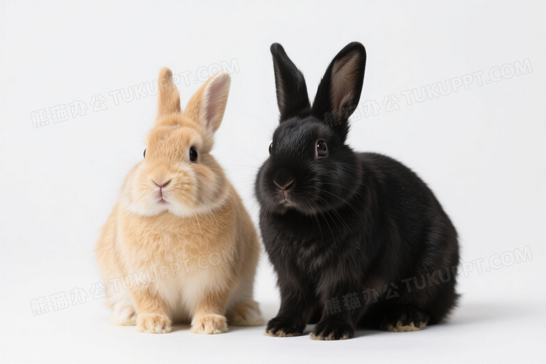 两只兔子并排坐纯白背景图片