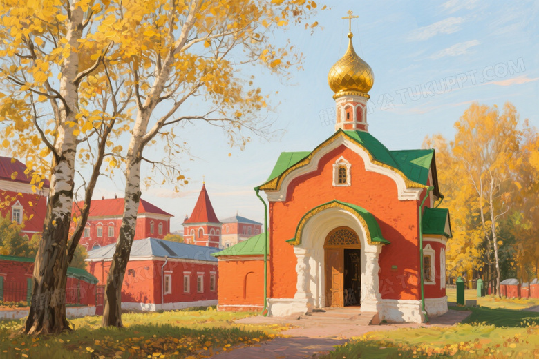 东正教小教堂秋日侧逆光图片