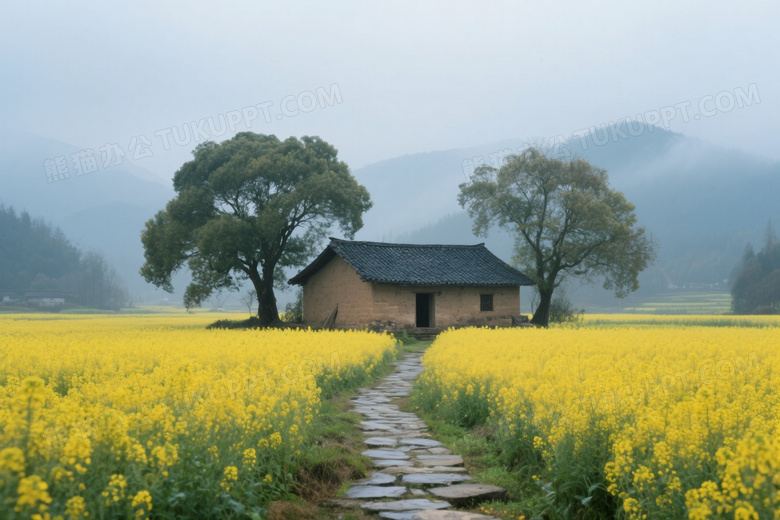 油菜花田中农舍小径图片