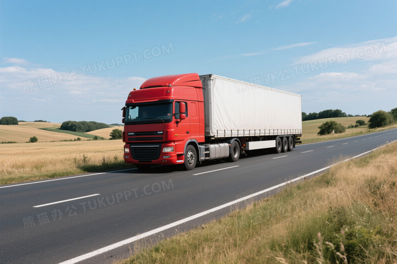 红色卡车乡间公路行驶图片