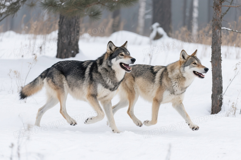 两只狼雪地奔跑动态图片
