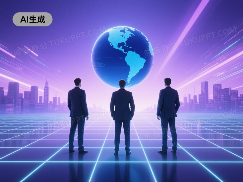 三位西装男背影对地球仪逆光图片