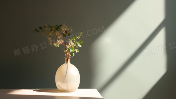 阳光下的白色花瓶插花艺术摄影