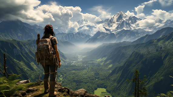 登山人物与雄伟的山峰自然景观摄影图