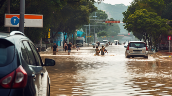 洪水淹没城市道路和房屋场景特写图片