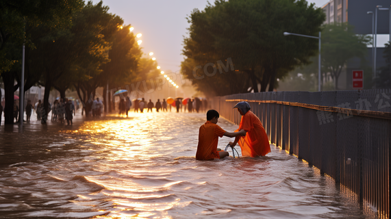 洪水淹没城市道路上抗洪救灾的人员特写图片