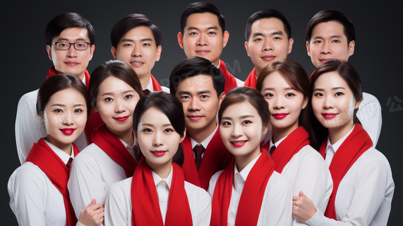 春节团队成员围着红围巾开心的拍摄大合照