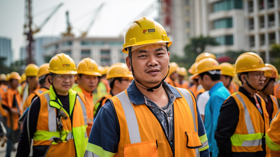 建筑工地上准备施工的工人特写图片