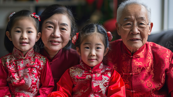 春节穿着红色新衣服的爷爷奶奶和可爱的女孩