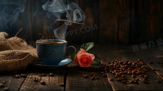 咖啡杯咖啡豆和玫瑰花高清图片