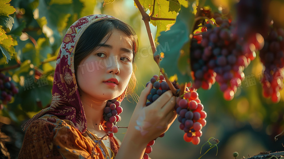 新疆少女采摘成熟的葡萄图片
