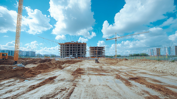 晴空万里广阔的建筑工地施工图片