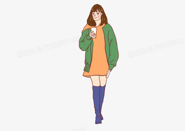 卡通手绘可爱拿奶茶的少女女孩元素