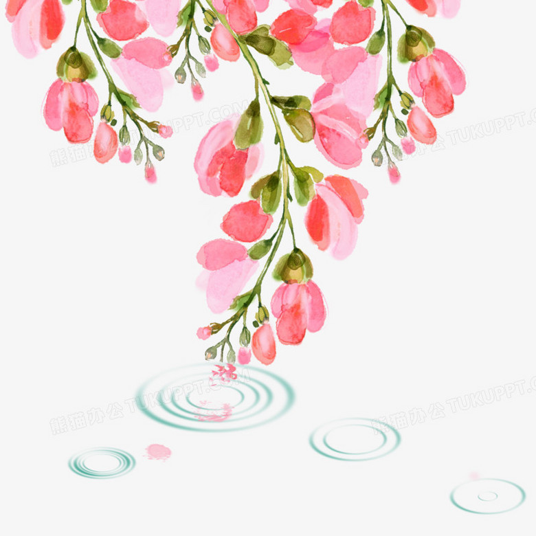 中国风水彩春天水边的花朵