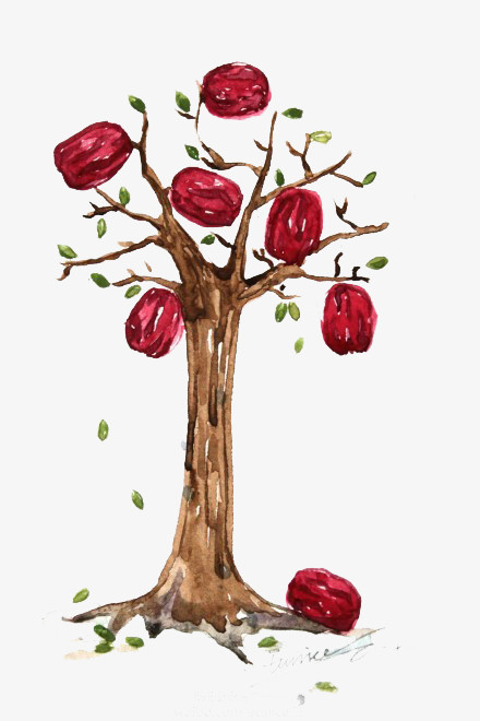 在整个配色上使用多种色彩作为基础色调,设计了一棵红枣树,卡通效果