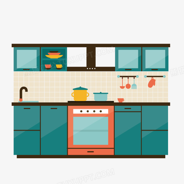 在整个配色上使用多种色彩作为基础色调,设计了厨房家具,卡通风效果的