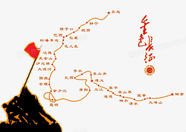 本作品全称为《红色简约风中国红军长征路线图元素》,在整个配色上