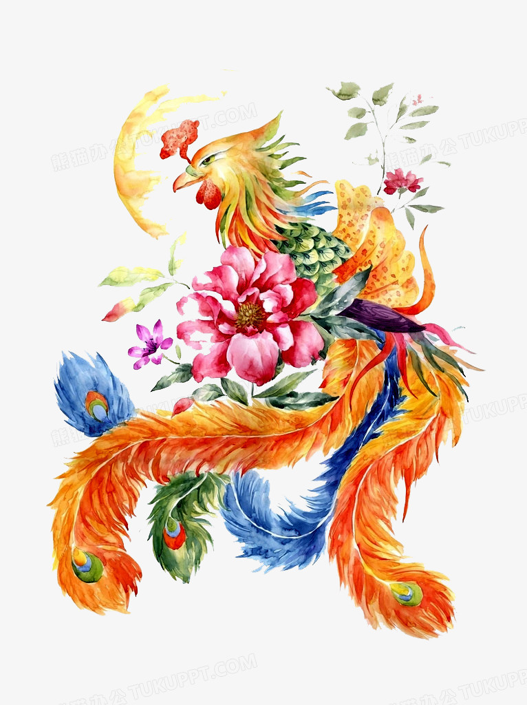 本作品全称为《彩色简约手绘凤凰花卉创意元素,在整个配色上使用多