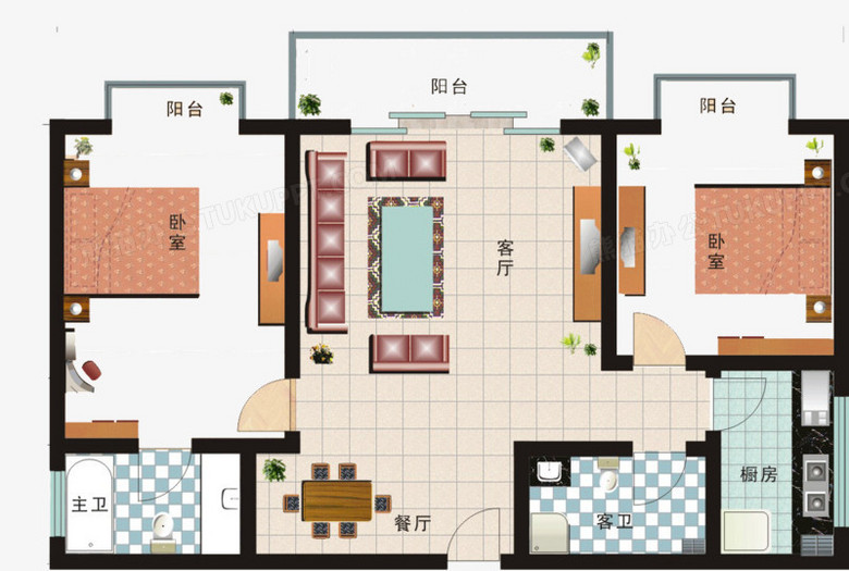 本作品全称为《彩色卡通手绘房屋户型图创意元素,在整个配色上使用