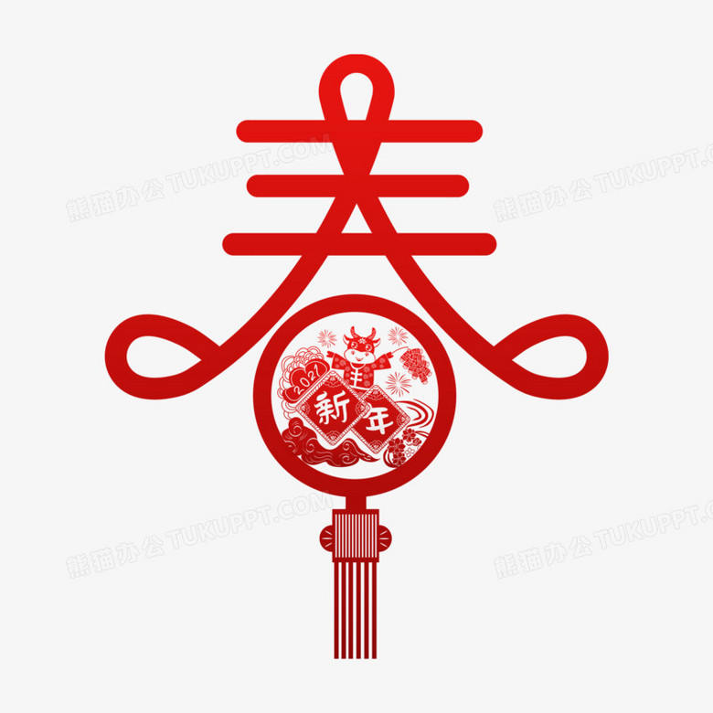 在整个配色上使用红色作为基础色调,设计了春字搭配中国结福牛花纹