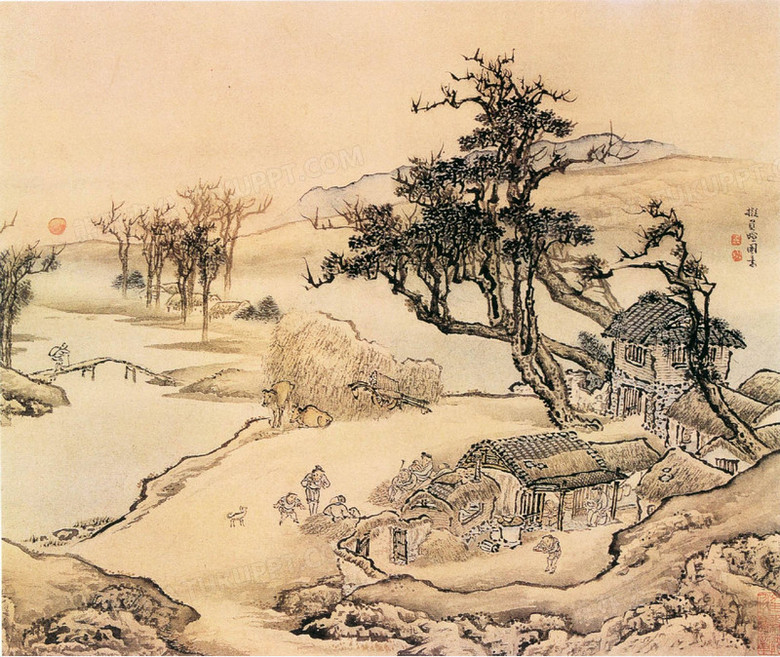 中国画山中错落古画