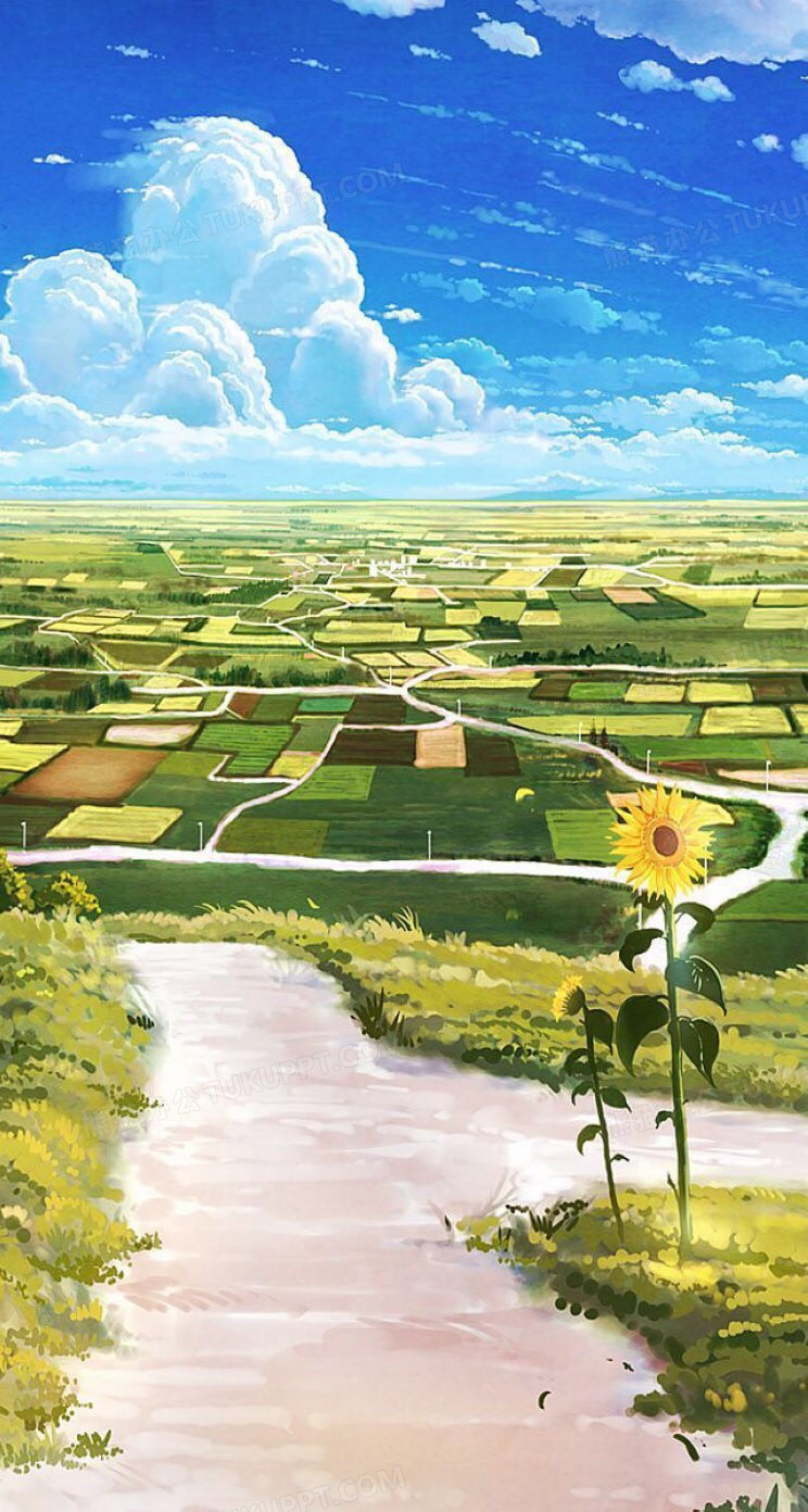 手绘蓝天白天田园风光