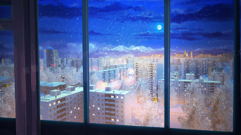 窗外大雪纷飞都市动漫素材