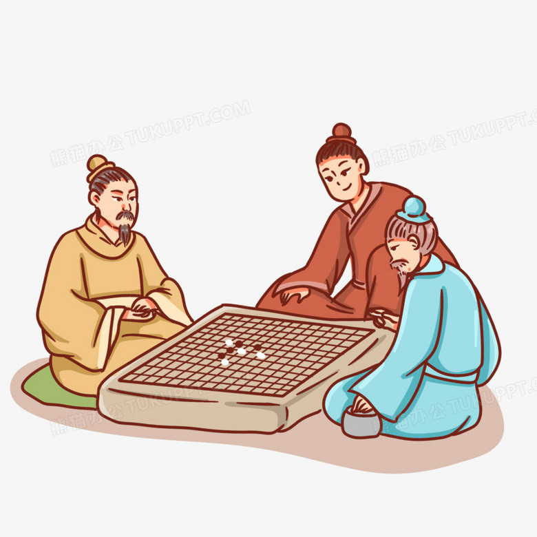 卡通手绘古人下围棋场景素材