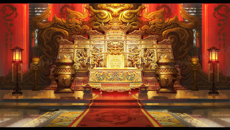 本作品全称为《红色中国风古代皇室奢华尊贵龙椅元素》,在整个配色上