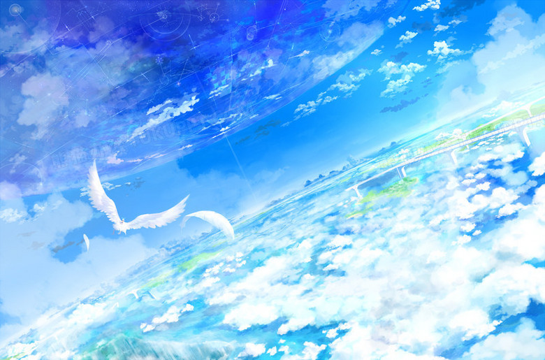 蓝色天空日本动漫效果白鸽云朵