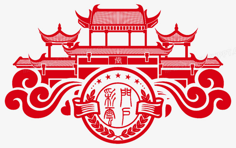中国古建筑传统剪纸中国红透明背景
