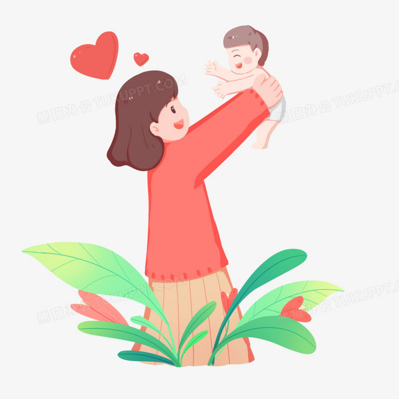 手绘母亲节妈妈抱起孩子人物场景元素