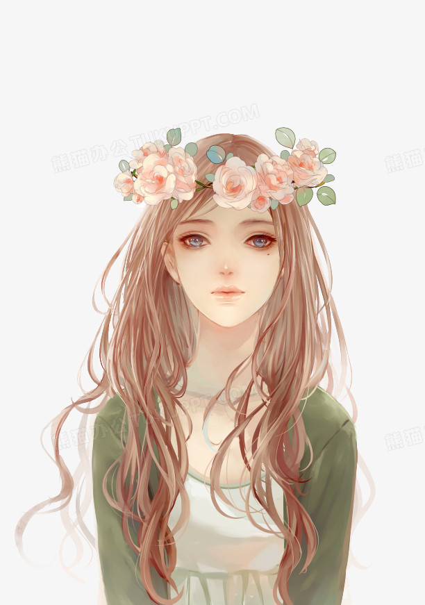 本作品全称为《绿色卡通风头戴花环的长发美女创意元素,在整个配色
