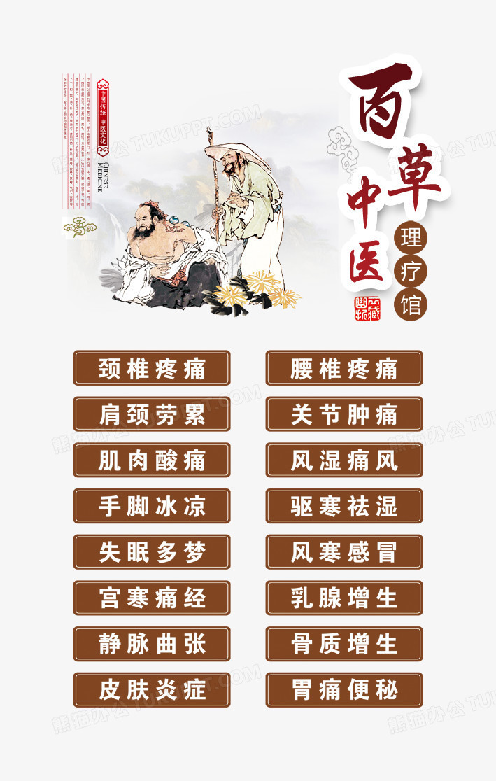 本作品全称为《红色中国风中医养生百草中医理疗馆元素,在整个配色